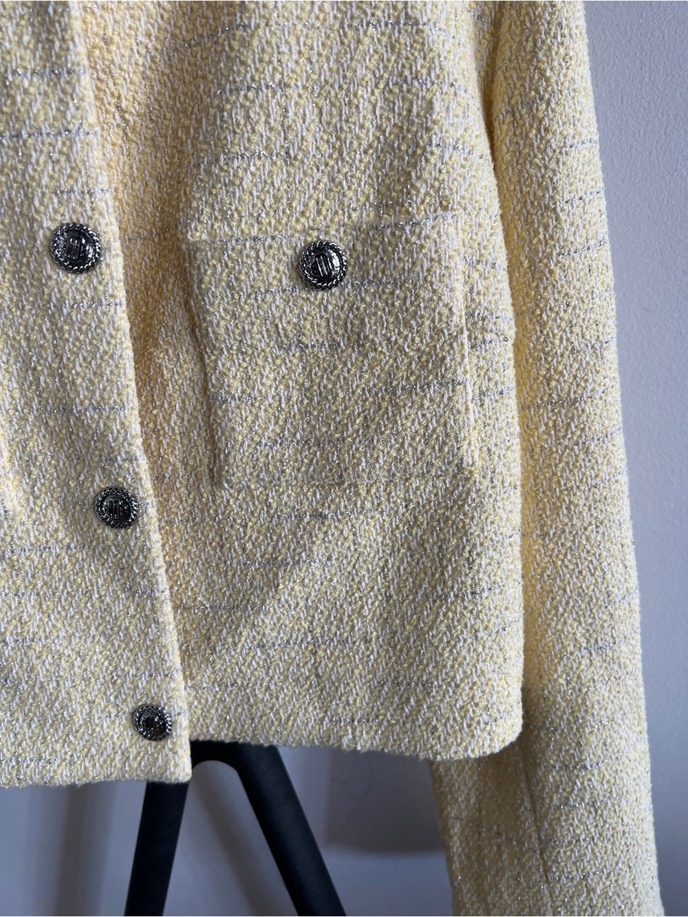 Maje yellow cropped tweed lurex jacket Metallic Silver snap button /Size 42 / L - Picture 3 of 8